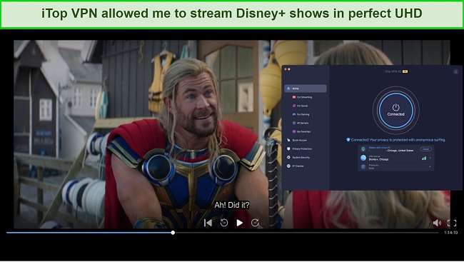 Screenshot of iTop VPN unblocking Disney+