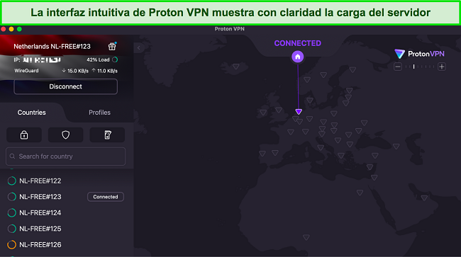 Captura de pantalla de la interfaz de usuario de Proton VPN