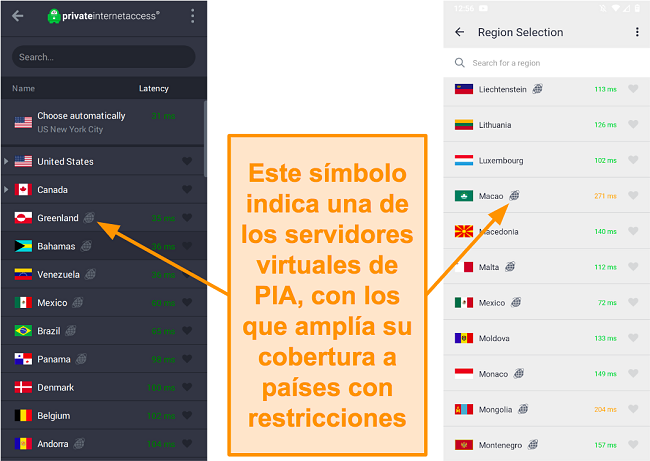 Captura de pantalla del cliente de escritorio PIA y el programa de Android, que muestra los servidores geolocalizados