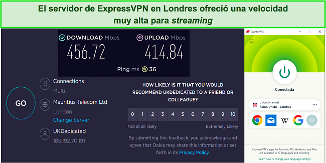 Captura de pantalla de los resultados de la prueba de velocidad mientras ExpressVPN está conectado a un servidor en Londres, Reino Unido
