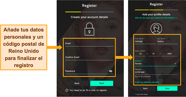 Captura de pantalla de las páginas de registro para los 4