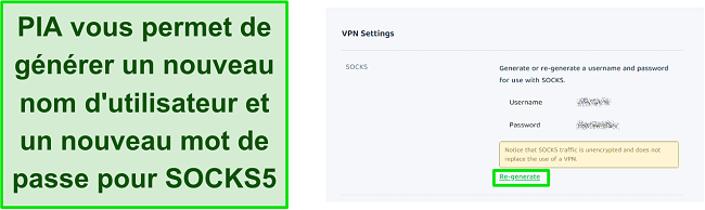 Capture d'écran des paramètres VPN de PIA pour régénérer le nom d'utilisateur et le mot de passe pour SOCKS5