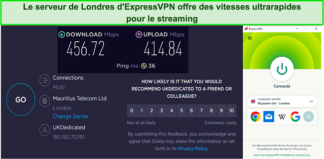 Capture d'écran des résultats du test de vitesse pendant qu'ExpressVPN est connecté à un serveur à Londres, au Royaume-Uni