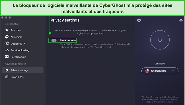Capture d'écran de la publicité, du traqueur et du bloqueur de logiciels malveillants de CyberGhost sous sa page 