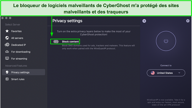 Capture d'écran de la publicité, du traqueur et du bloqueur de logiciels malveillants de CyberGhost sous sa page