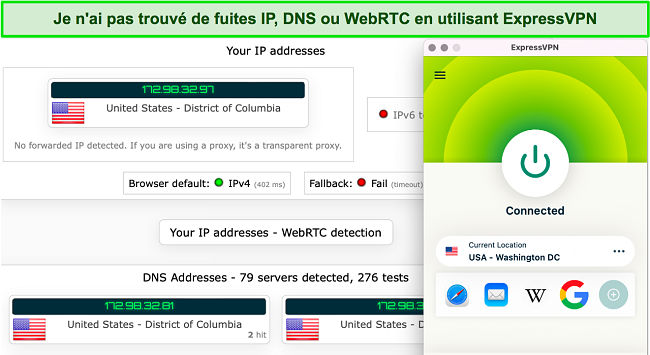 Capture d'écran des résultats des tests de fuite d'ExpressVPN sur ipleak.net