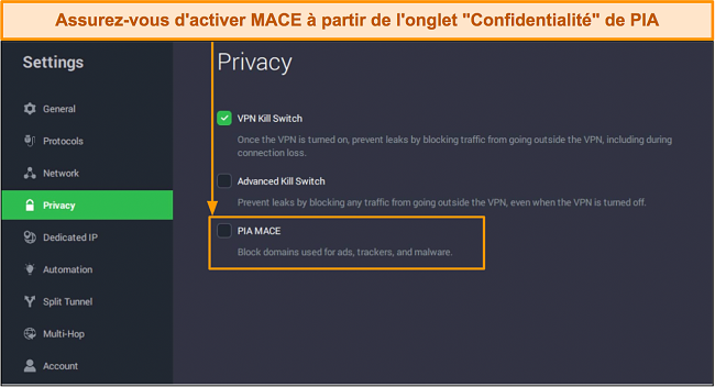 Capture d'écran du bloqueur de publicités MACE de PIA sous l'onglet 