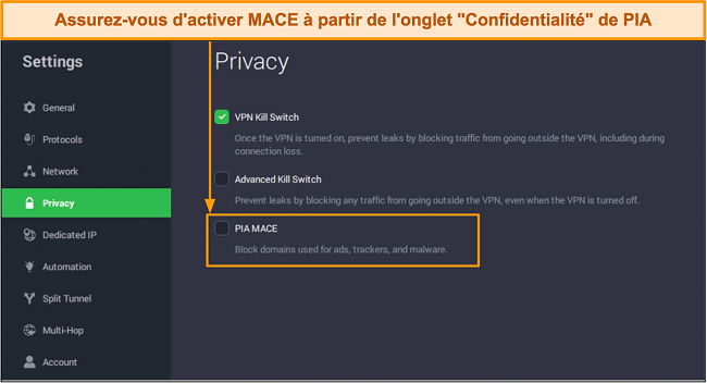 Capture d'écran du bloqueur de publicités MACE de PIA sous l'onglet