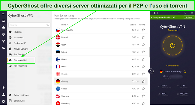 Screenshot dell'elenco dei server ottimizzati per P2P di CyberGhost