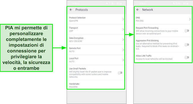 I menu delle impostazioni di PIA offrono una gamma di opzioni per personalizzare le impostazioni di velocità e sicurezza