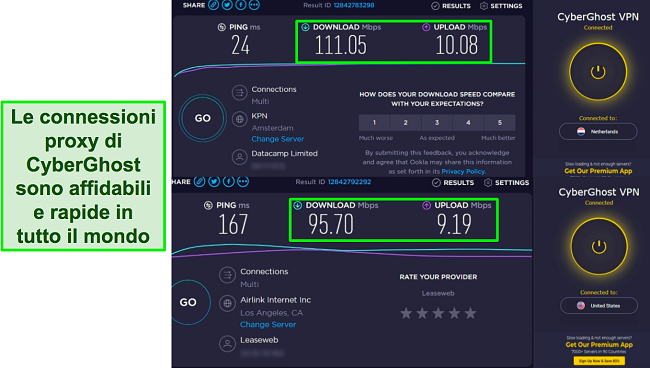 Screenshot dei test di velocità di Ookla con l'estensione Chrome di CyberGhost connessa ai server nei Paesi Bassi e negli Stati Uniti