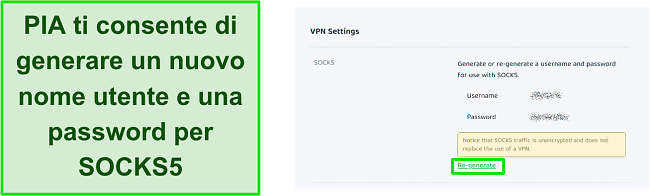 Screenshot delle impostazioni VPN di PIA per rigenerare nome utente e password per SOCKS5
