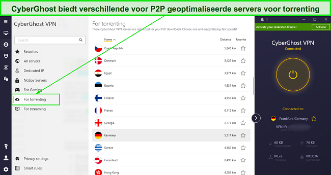 Screenshot van de voor P2P geoptimaliseerde serverlijst van CyberGhost