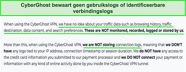 Screenshot van het privacybeleid van CyberGhost VPN