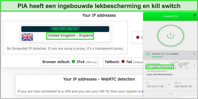 Afbeelding van lektest die laat zien dat PIA met succes het originele IP-adres van de gebruiker verbergt