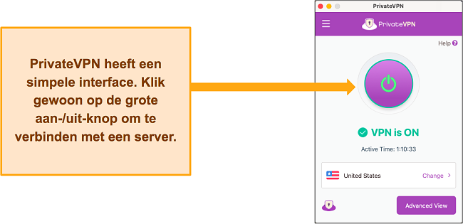 Afbeelding van de interface van PrivateVPN terwijl deze is verbonden met een server
