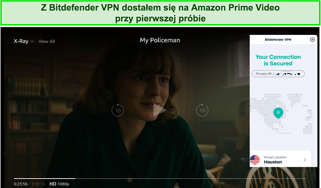 Zrzut ekranu Bitdefender VPN odblokowujący Amazon Prime Video