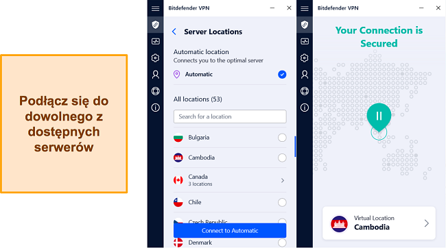 Zrzut ekranu serwera i interfejsu połączenia Bitdefender