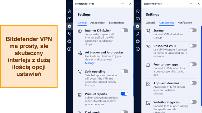Zrzut ekranu opcji ustawień dostępnych w Bitdefender VPN