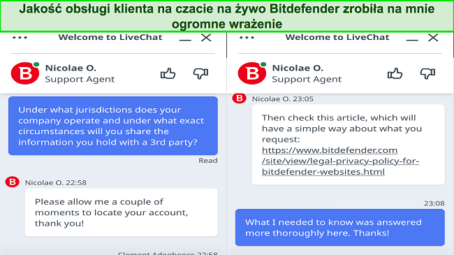 Zrzut ekranu przedstawiający moją interakcję z obsługą czatu na żywo Bitdefender