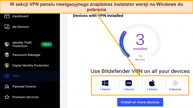 Zrzut ekranu strony pobierania Bitdefender dla różnych systemów operacyjnych