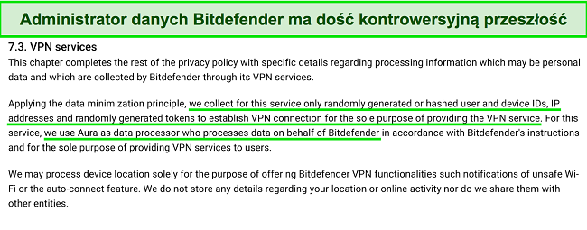 Zrzut ekranu pokazujący, co polityka prywatności Bitdefender VPN mówi o gromadzeniu danych