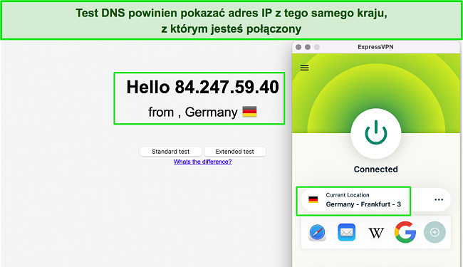 Zrzut ekranu udanego testu szczelności DNS, gdy ExpressVPN jest połączony z serwerem we Frankfurcie
