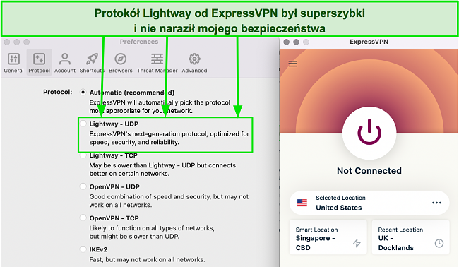 Zrzut ekranu protokołu Lightway ExpressvPN