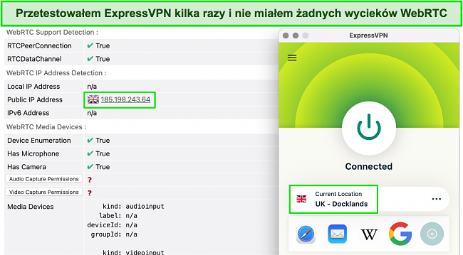 Zrzut ekranu wskazujący, że serwer ExpressVPN w Wielkiej Brytanii nie ma wycieku WebRTC