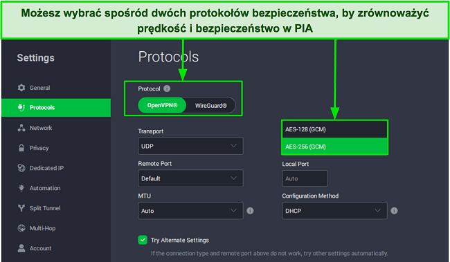 Zrzut ekranu menu ustawień „Protokoły” PIA pokazujący opcje szyfrowania