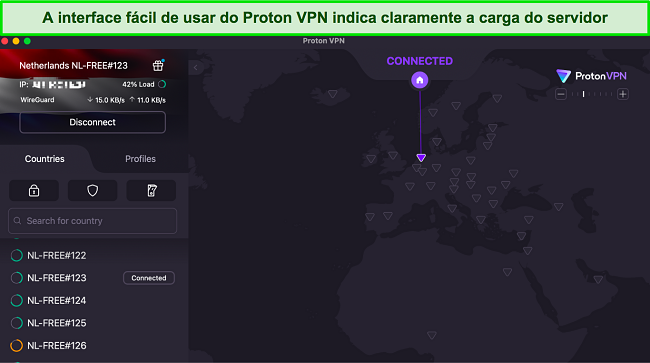 Captura de tela da interface do usuário do Proton VPN