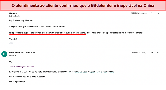 Captura de tela da minha interação com o Suporte da Bitdefender confirmando que o serviço não pode ser usado na China