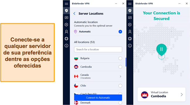 Captura de tela do servidor e interface de conexão do Bitdefender