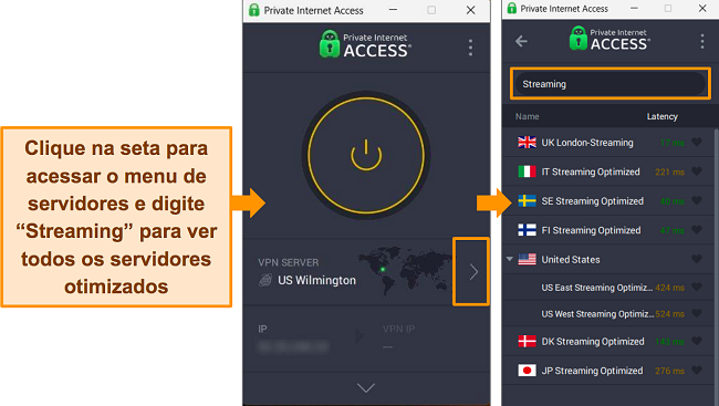 Capturas de tela do aplicativo Windows da PIA, detalhando como encontrar os servidores de streaming otimizados no menu do servidor
