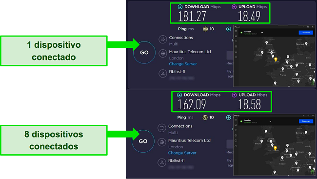 Capturas de tela de testes de velocidade mostrando a diferença de velocidade com 1 dispositivo conectado a um servidor IPVanish do Reino Unido e 8 dispositivos conectados