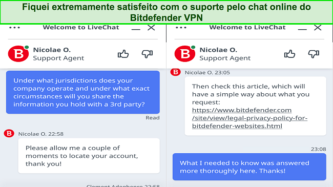 Captura de tela da minha interação com o suporte de bate-papo ao vivo do Bitdefender