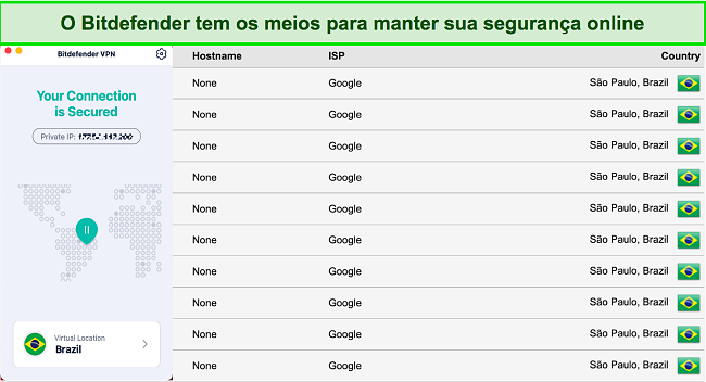 Captura de tela do teste de vazamento de IP/DNS no Bitdefender VPN