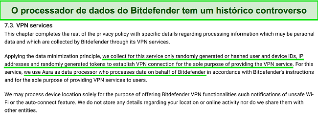 Captura de tela do que a política de privacidade do Bitdefender VPN diz sobre a coleta de dados