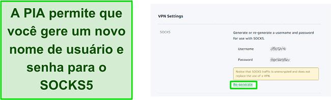 Captura de tela das configurações de VPN do PIA para regenerar nome de usuário e senha para SOCKS5
