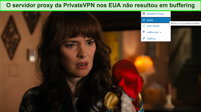 Stranger Things em streaming na Netflix enquanto PrivateVPN está conectado a um servidor proxy dos EUA