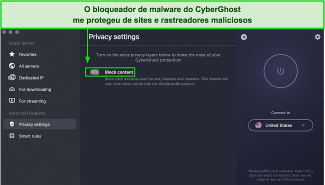 Captura de tela do bloqueador de anúncios, rastreadores e malware do CyberGhost na página 
