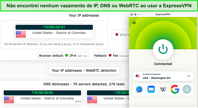 Captura de tela dos resultados do teste de vazamento da ExpressVPN em ipleak.net