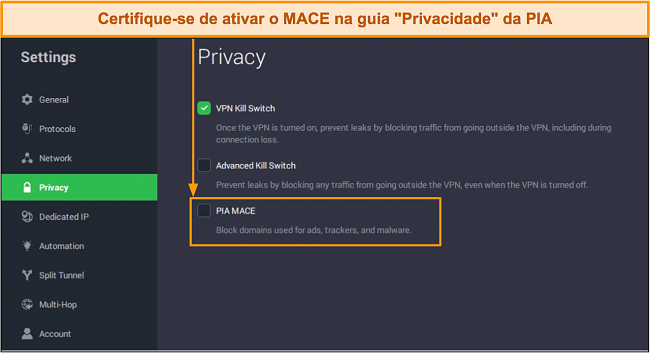 Captura de tela do bloqueador de anúncios MACE da PIA na guia 