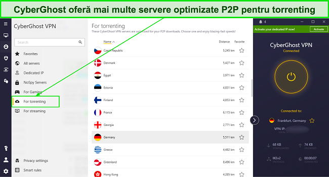 Captură de ecran a listei de servere optimizate P2P a CyberGhost