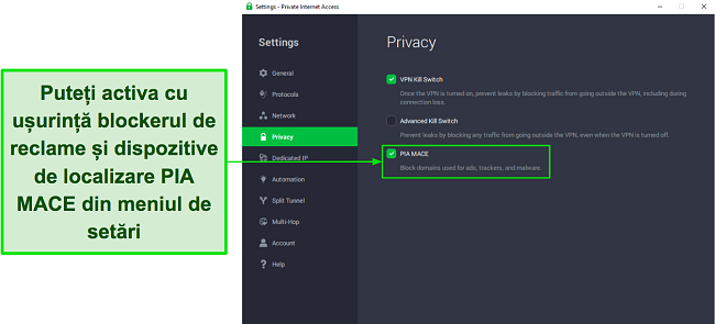 Captură de ecran care arată cum să activați funcția MACE a PIA din meniul de setări