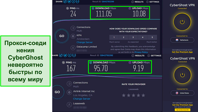 Скриншоты тестов скорости Ookla с расширением CyberGhost для Chrome, подключенным к серверам в Нидерландах и США.