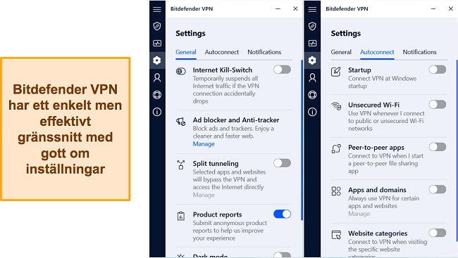 Skärmdump av inställningsalternativen som är tillgängliga på Bitdefender VPN