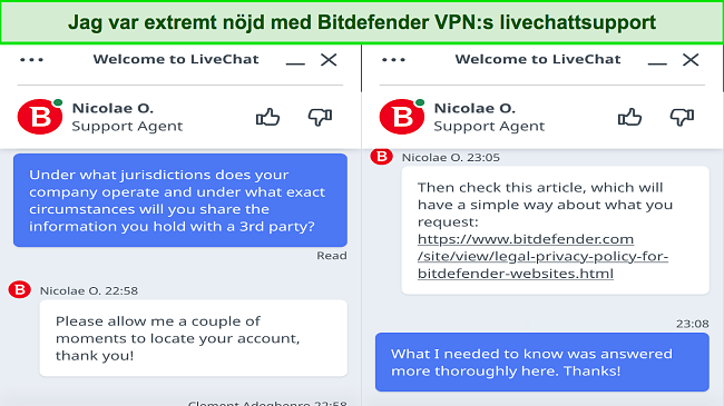 Skärmdump av min interaktion med Bitdefenders livechattsupport