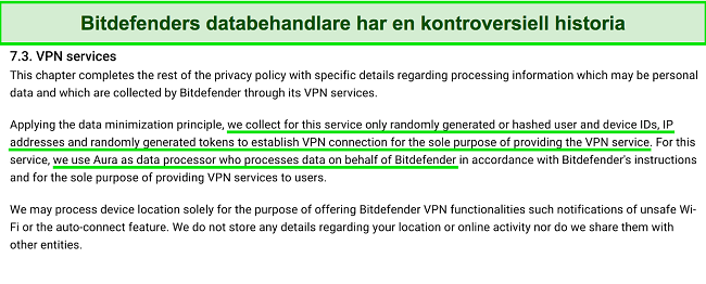 Skärmdump av vad Bitdefender VPN:s sekretesspolicy säger om datainsamling