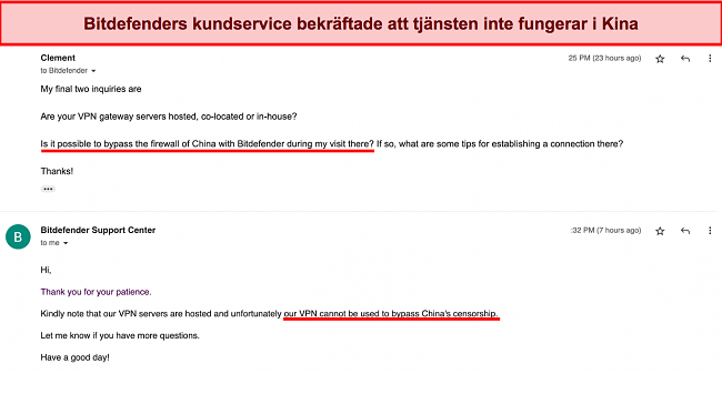 Skärmdump av min interaktion med Bitdefenders support som bekräftar att tjänsten inte kan användas i Kina